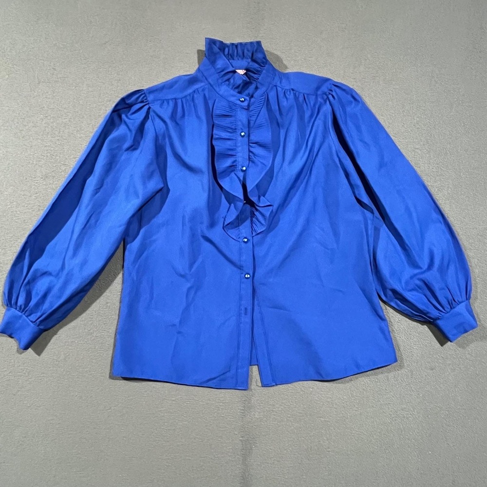 Womens L Blouse Ruffle High Neck Puff Sleeve Royal Blue Vintage 80s